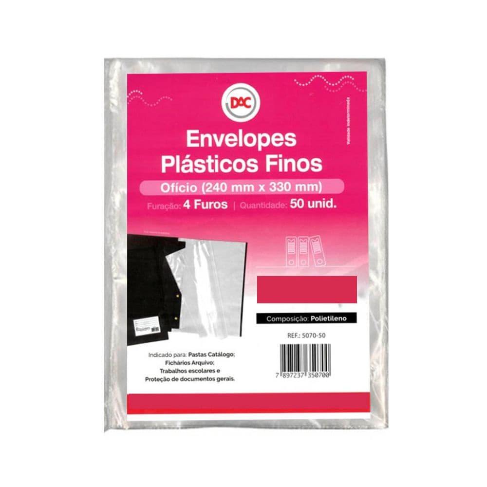 Envelope plástico ofício 4 furos fino 0,06mm c/ 50un - DAC