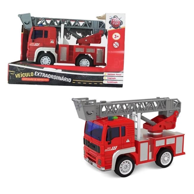 Caminhão de Bombeiros Com Fricção Luz e Som - Escada Giratória e Extensiva - Fan Fun