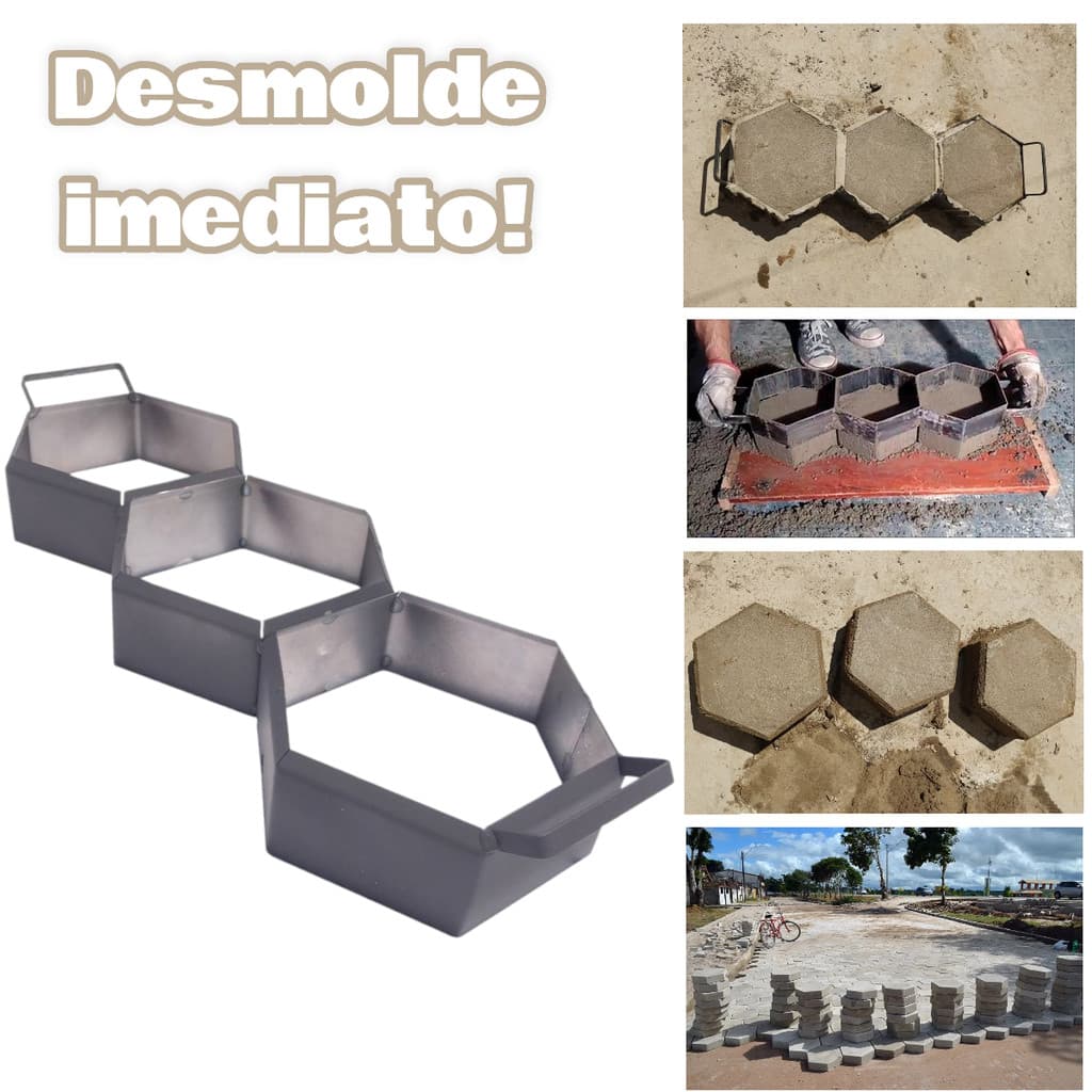 Forma Aço 3 Blocos Sextavados Desforma Instantânea 20x8cm