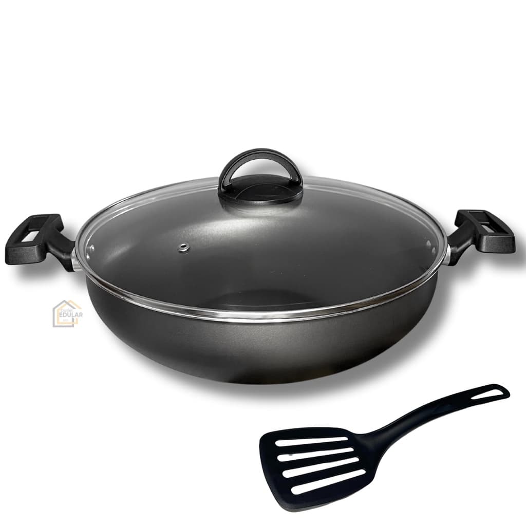 Frigideira Paella Wok 30 cm Panela Paellera Antiaderente Tampa de Vidro Cor Grafite