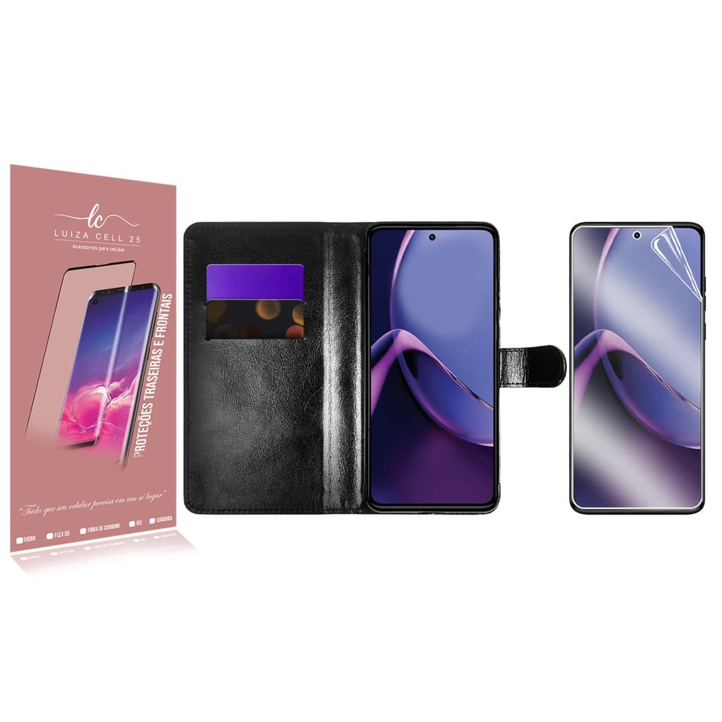 Capa Case  Carteira Couro Sintético Preto + Película De Hydrogel HD Para Moto G84 XT2347 6.55  - Luiza Cell25