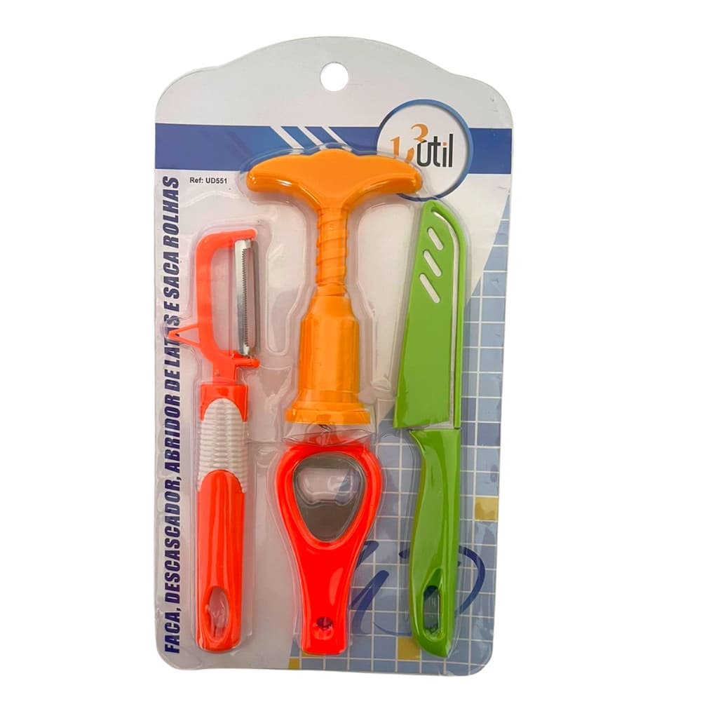Kit Casa, Cozinha 4 Peças Faca, Descascador, Abridor de Latas e Saca Rolhas