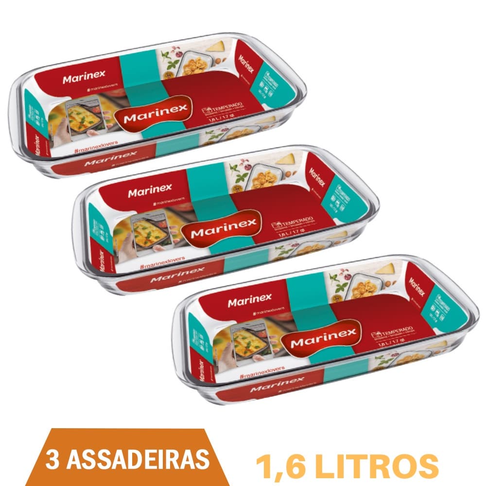 Assadeira Retangular De Vidro 1,6L  Refratário Marinex - 3Un
