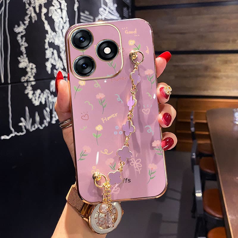 Caixa Infinix Smart 8 Pro Plus Hot 40i Tecno Spark Go 2024 20 20C Pop 8 Itel P55 BG7n Pequeno Padrão De Flor Com Bracelete De Quatro Folhas À Prova De Choque Para Telefone