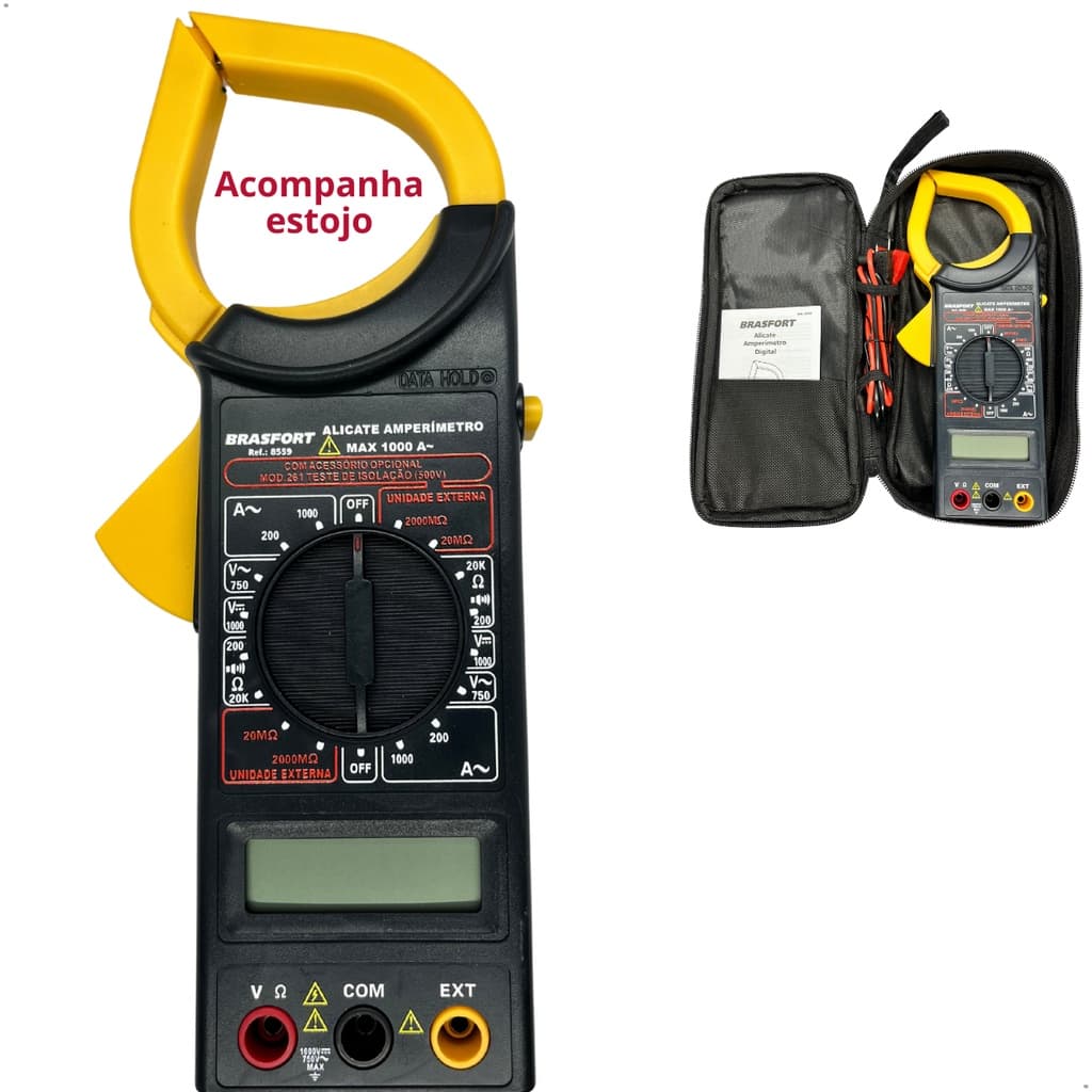 alicate amperimetro digital 1000v voltimetro eletricista display digital com estojo protetor multimetro brasfort