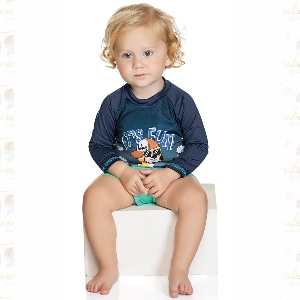 CONJUNTO INFANTIL  MENINO CAMISETA E SUNGA UV50+ CACHORRO SURFISTA -  MARLAN - cor AZUL