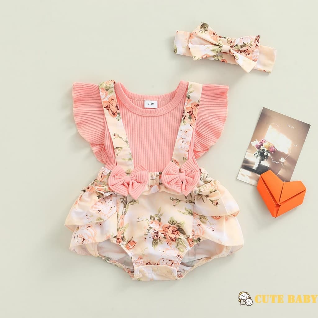 Eph-Conjunto De 2 Peças Para Infantil Bebês Meninas Rosa Floral Estampado Macacão E Faixa De Cabeça,0-18 Meses
