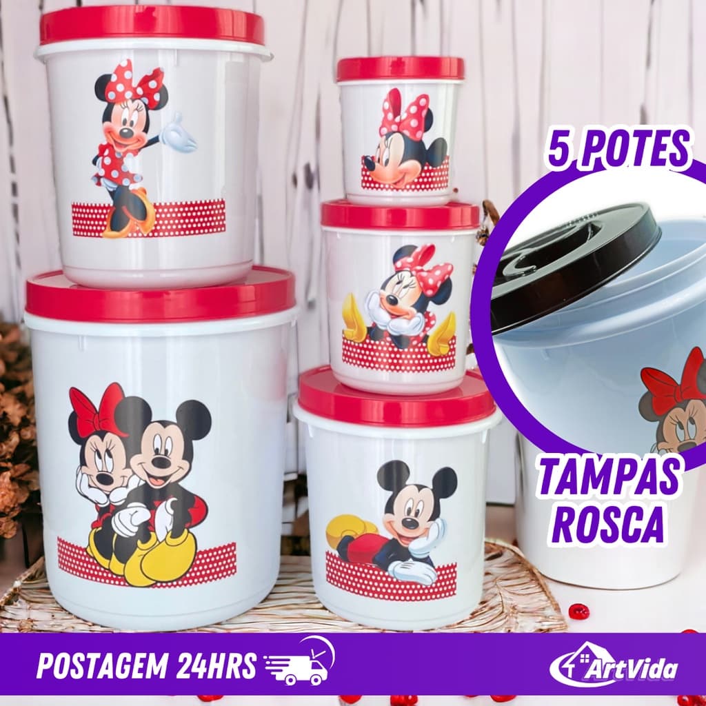 Jogo Mantimentos Decorado Mickey Minnie Tampa Rosca Alimentos, Branco, Vermelho, Cozinha - ArtVida