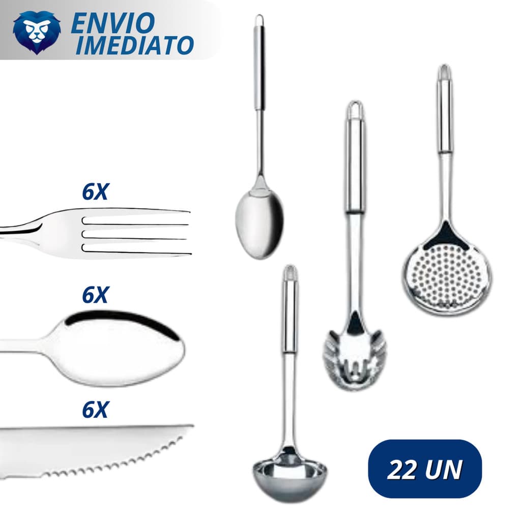 Kit COZINHA 18 Talheres Escumadeira Concha Colher de arroz Concha e Colher de macarrão em Aço INOX