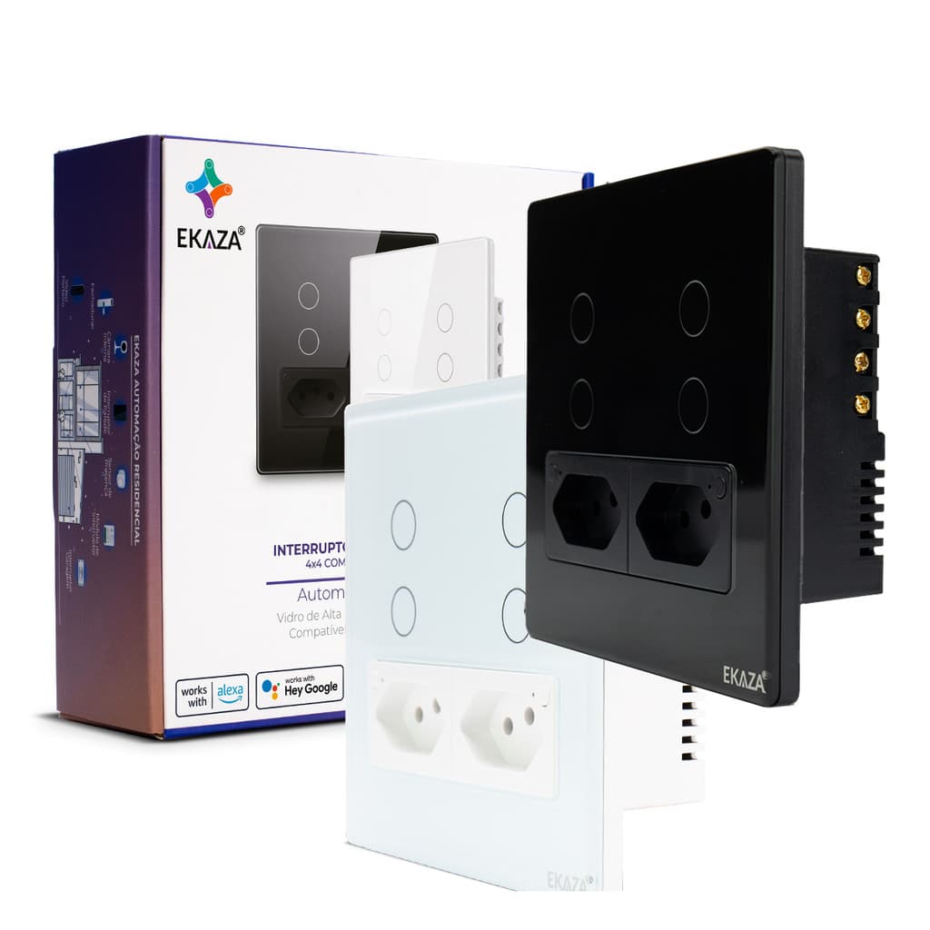 Interruptor Inteligente 4x4 4 Botões 2 Tomadas Wifi Alexa Tuya Smart Automação Residencial App Ekaza