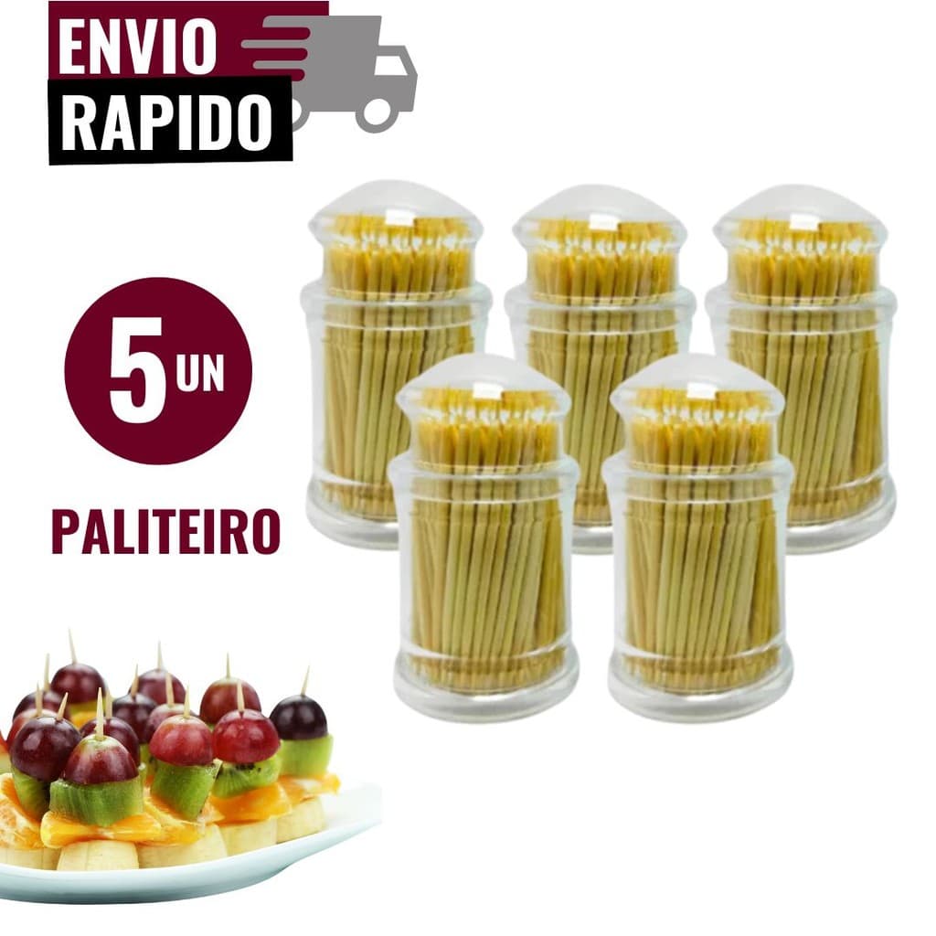 Conjunto 5 Paliteiros em Acrílico com 100 Palitos Cada Petiscos Restaurantes Bares Buffet Porta Palito de Dente Bambu