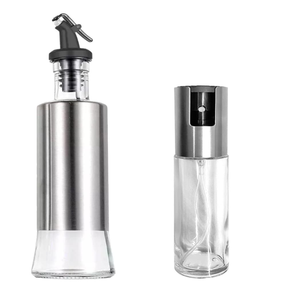 Conjunto Galheteiro E Borrifador Spray Pulverizador para Vinagre ou Azeite Aço Inox Vidro Multiuso
