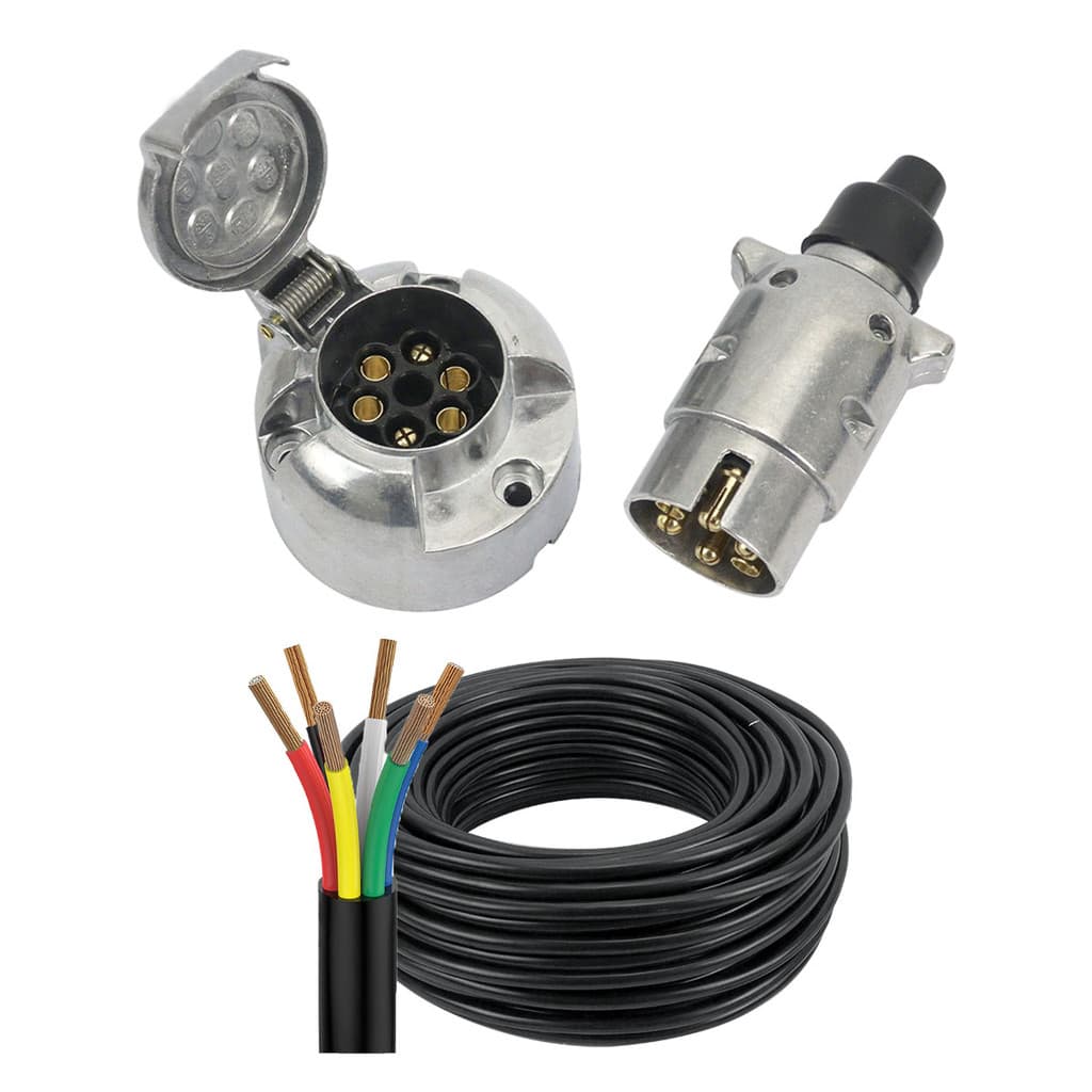 Tomada Engate Reboque 6 Polos + Cabo PP 6 Vias 1mm² Alumínio Cromado Carretinha Carreta Kit Completo