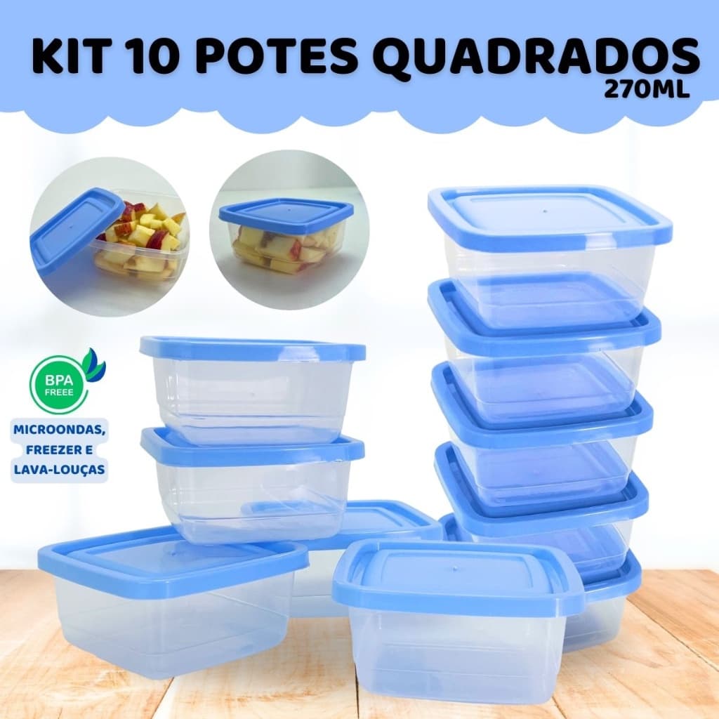 Kit de 10 Potes Quadrados Ercaplast Resistentes 270ml Utensílios para Cozinha/casa