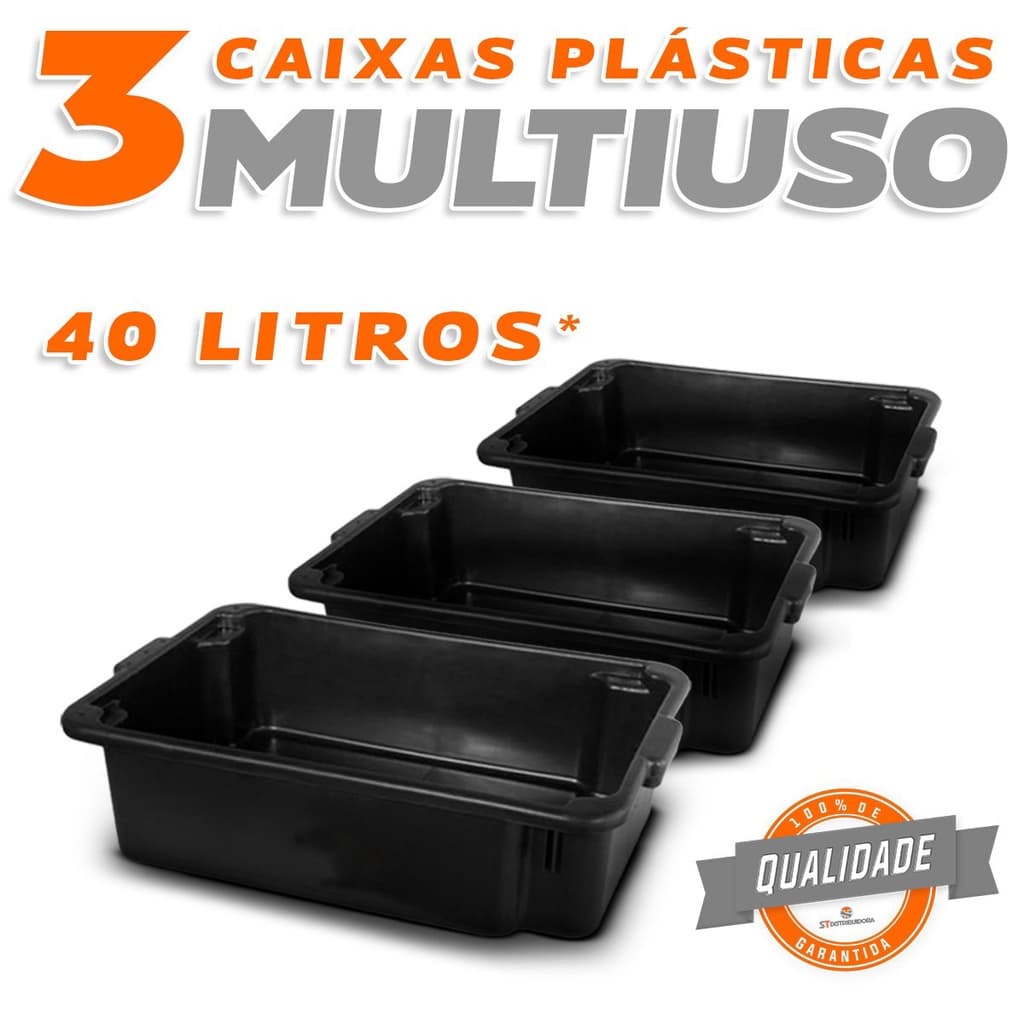 Kit 3 Caixa Plástica Reforçada para Massa e Concreto 40L