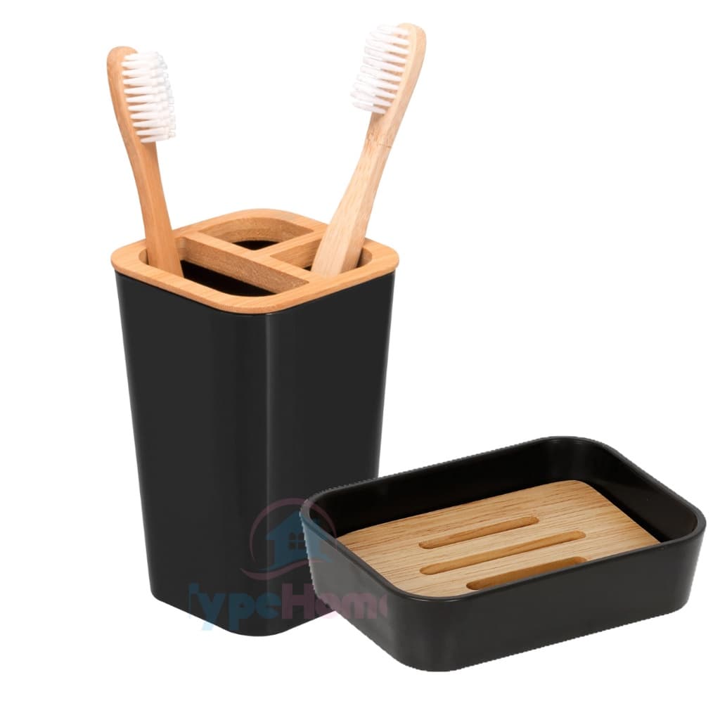 Porta Escova de Dente e Saboneteira de Bambu e Plástico Kit Banheiro