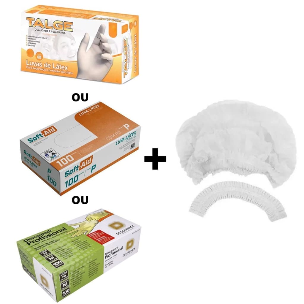 Kit 100 unidades de Luva Látex com Pó + 100 Touca Descartável TNT Branca