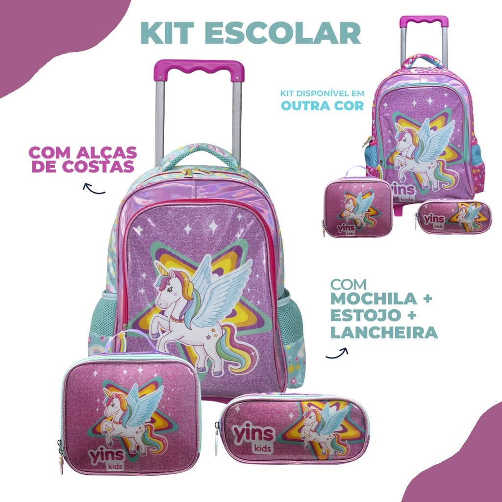 Kit Mochila de Rodinhas C/ Alças de Costas + Lancheira + Estojo Unicórnio Ponny Escolar Infantil