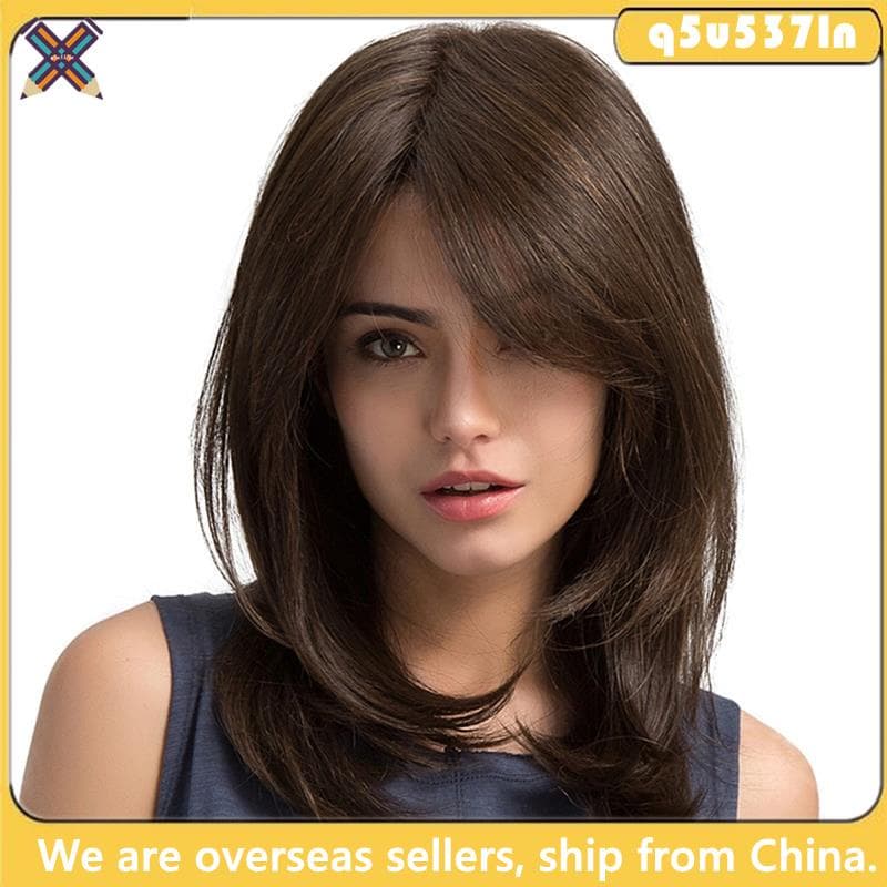 Perucas De Cabelo Femininas Festa Diária Das Senhoras Onda Natural Dark Brown Side Parting Sintética Nenhuma Peruca De Renda Com Bangs