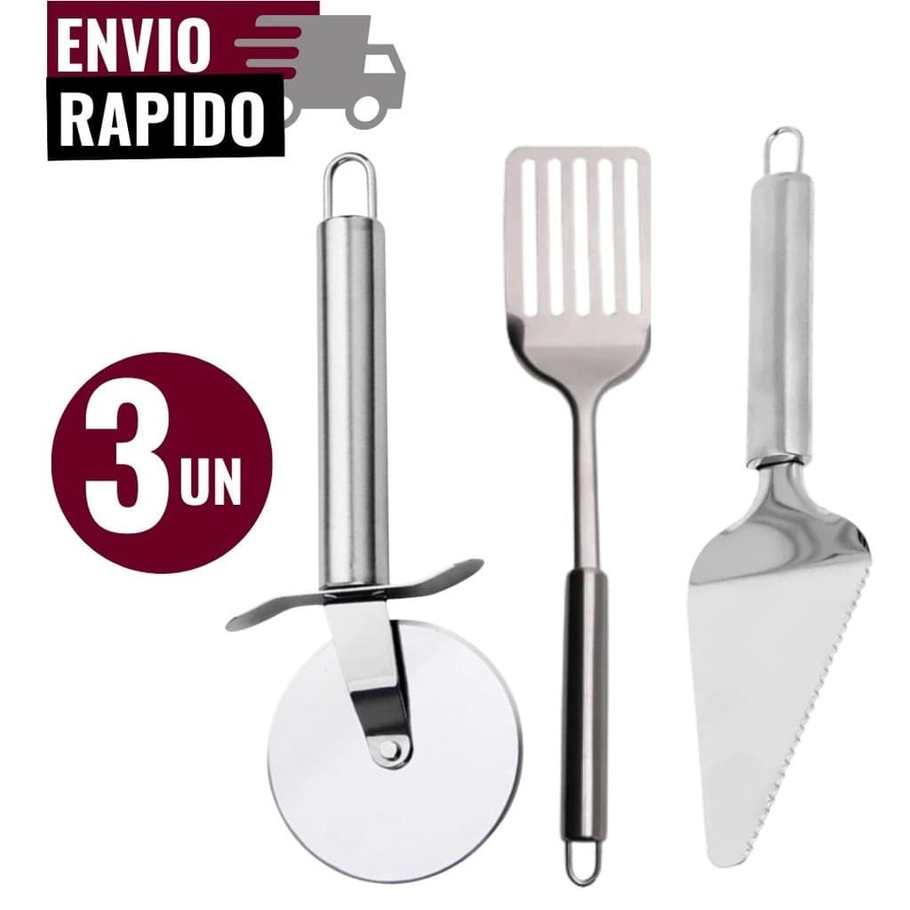 Conjunto 3 Utensílios de Cozinha Aço Inox Espátula Vazada Espátula Bolo Faca Cortador de Pizza