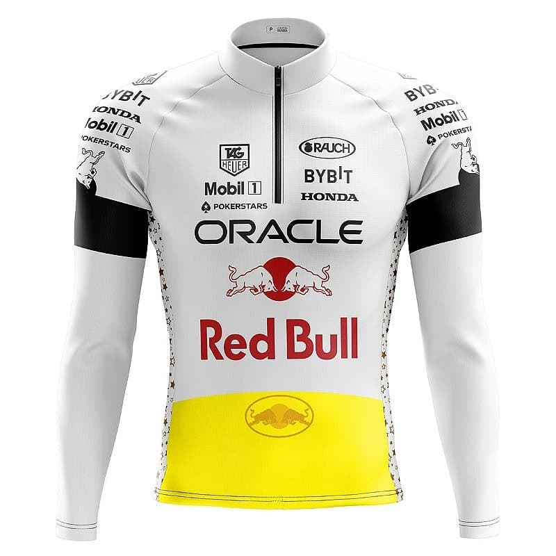 CAMISA CICLISMO MASCULINO RED BULL BRANCA COM BOLSOS UV 50+