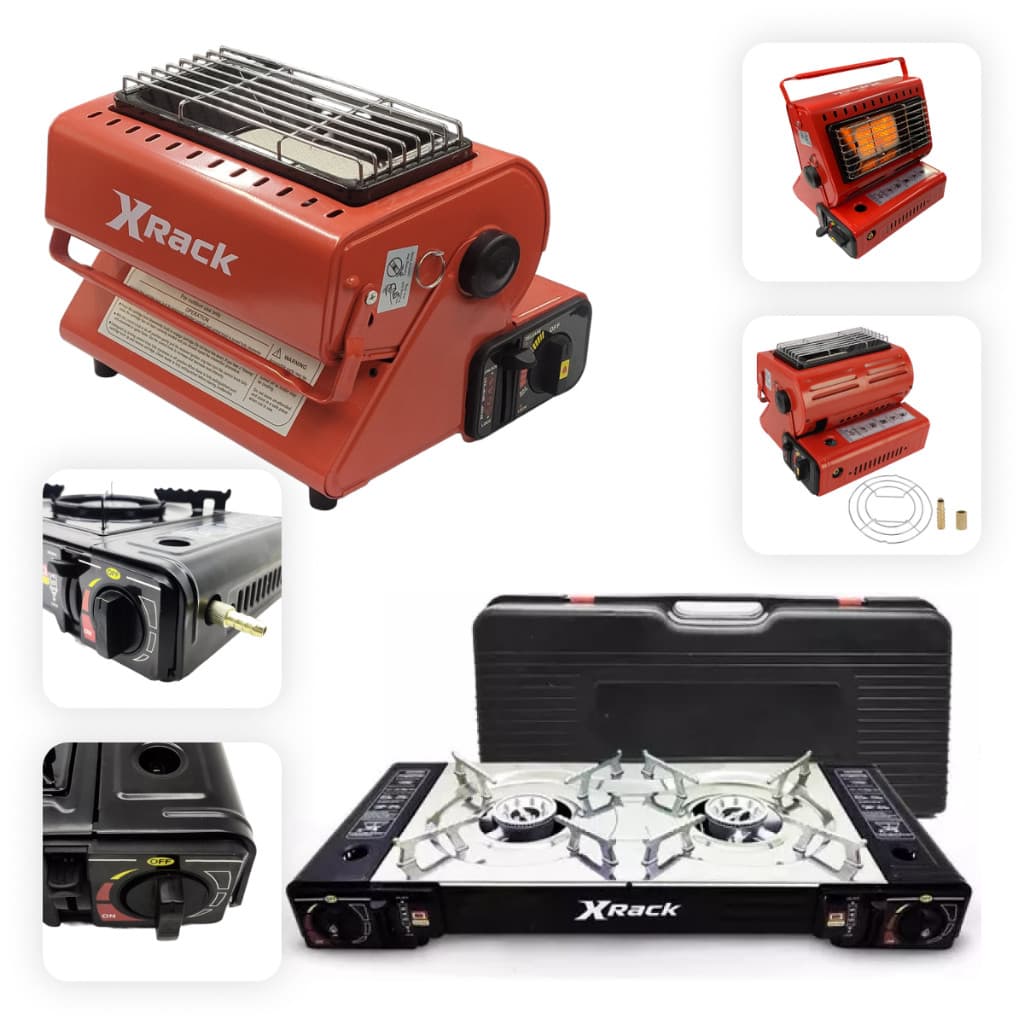 Kit Aquecedor Elétrico A Gás Dobrável + Fogareiro Fogão 2 Bocas C/ Maleta Pesca Viagem Acampamento