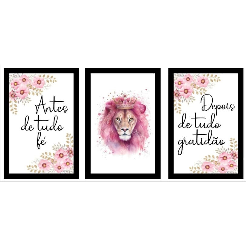 Kit Três Quadros Decorativos Fé e gratidão Rosa Leão