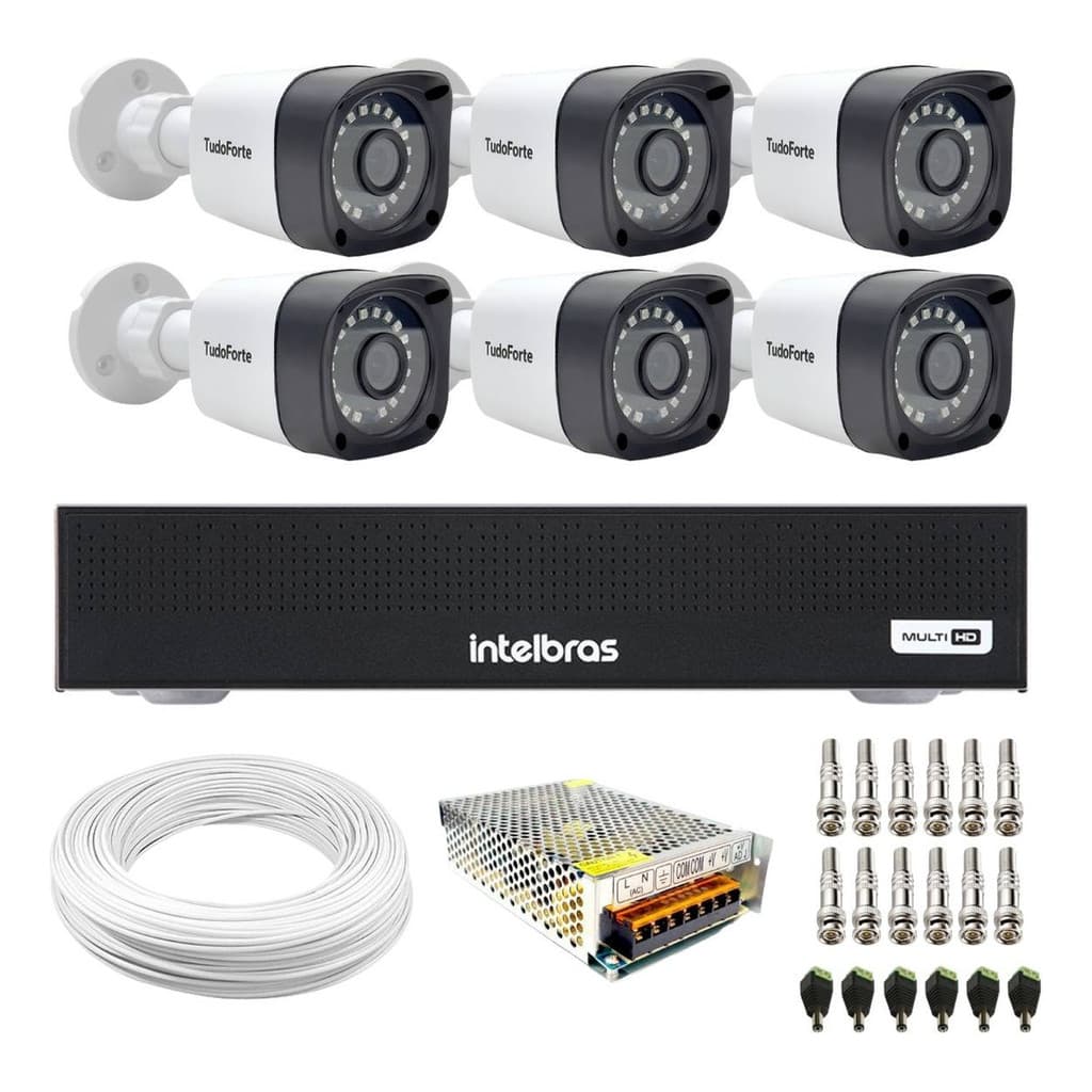 Kit 6 Câmeras Tudo Forte Full HD 1080p Bullet Visão Noturna 20M Proteção IP66 DVR Gravador Intelbras MHDX 1108C 8 Canais