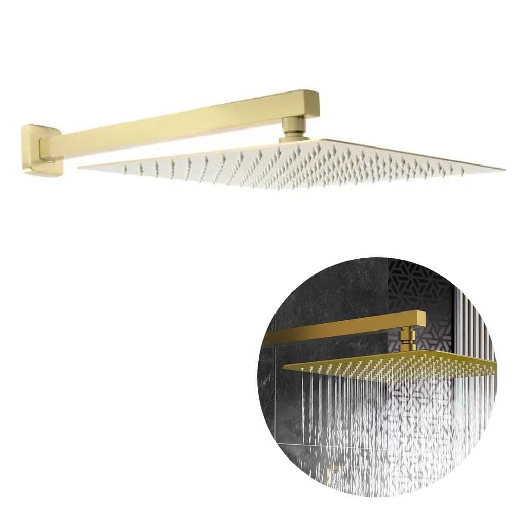 Ducha Chuveiro 30x30 Dourado Slim Inox Com Braço 38 Cm Para Aquesedor Solar Agas Ou Eletrico