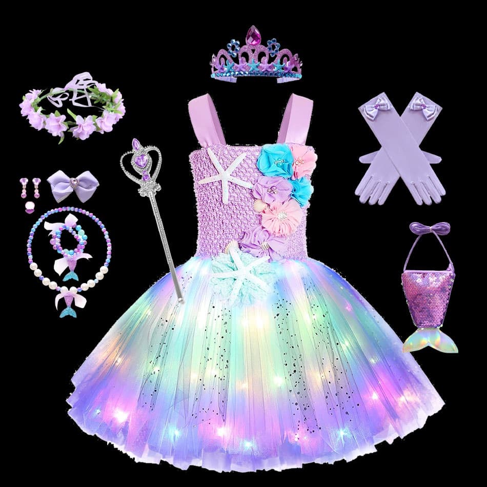 Pricness Vestidos De Sereia Tutu Girls Com Luzes LED Festa Temática Do Mar Starfish Ariel Cosplay Bola Púrpura