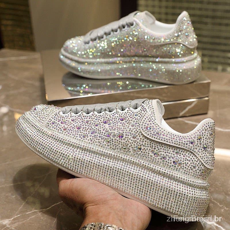 Plataforma de diamante de tênis esportivo feminino, strass brilhantes e fundo grosso