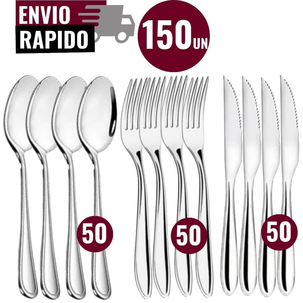 Conjunto 150 Peças de Talheres Aço Inox 50 Faca 50 Colher 50 Garfo de Mesa Casa Para Cozinha