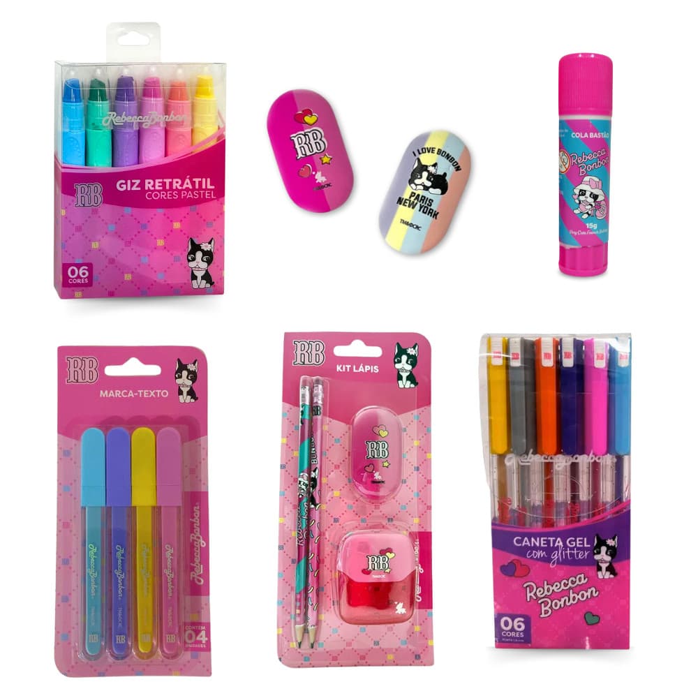 Kit Escolar Rebecca Bonbon Caneta Gel Glitter Giz Retrátil 6Un Borracha Cola Bastão 15g Volta Às Aulas