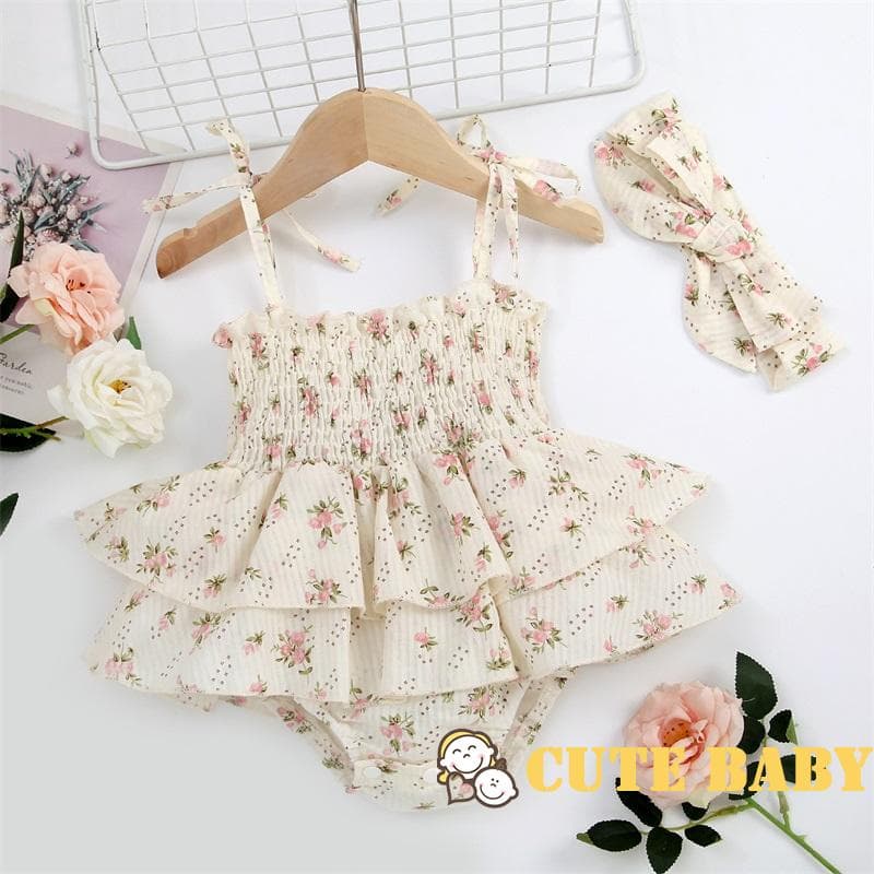 Eph-Macacão Infantil Bebê sem Mangas Floral de Verão para Meninas com Faixa de Cabeça com Laço,0-24 Meses