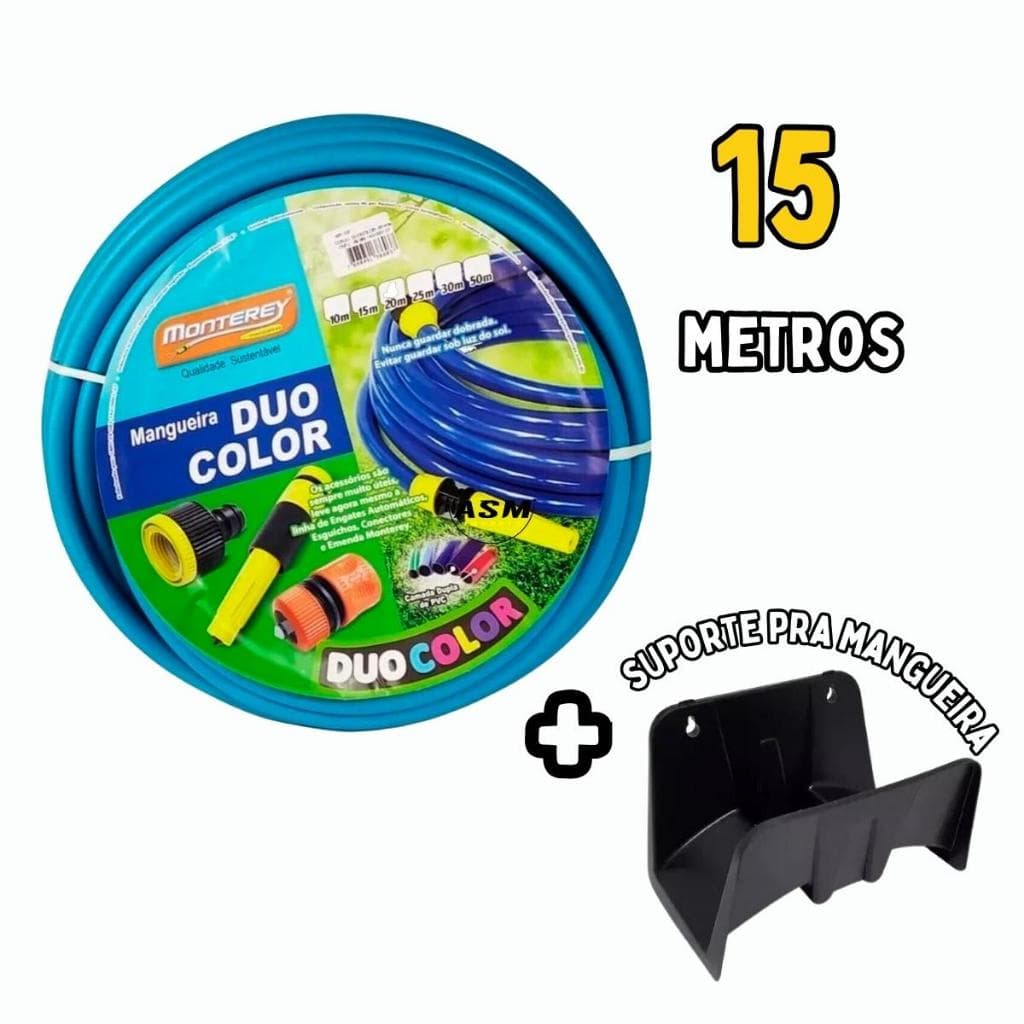 Mangueira 15 Metros DuoColor 7/16 polegada esguicho e conector Monterey + Suporte para Mangueiras