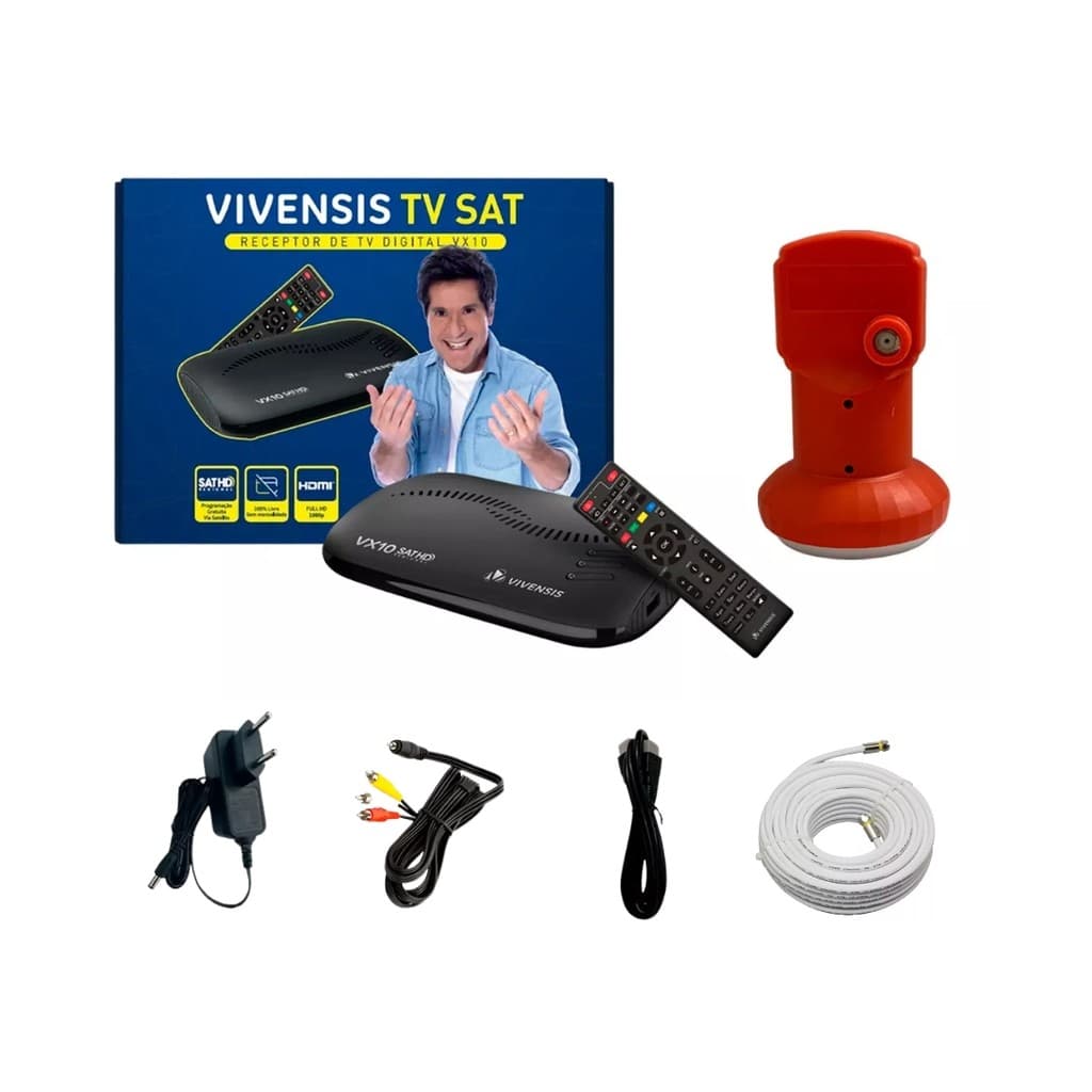Receptor Digital HD TV Vx10 Sat Regional Vivensis + Captador de sinal  Lnbf KU Universal Banda Simples  + Cabo 15m