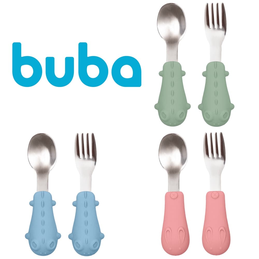 Kit Colher e Garfo para Bebê em Aço Inox Buba com Cabo em Silicone Introdução Alimentar