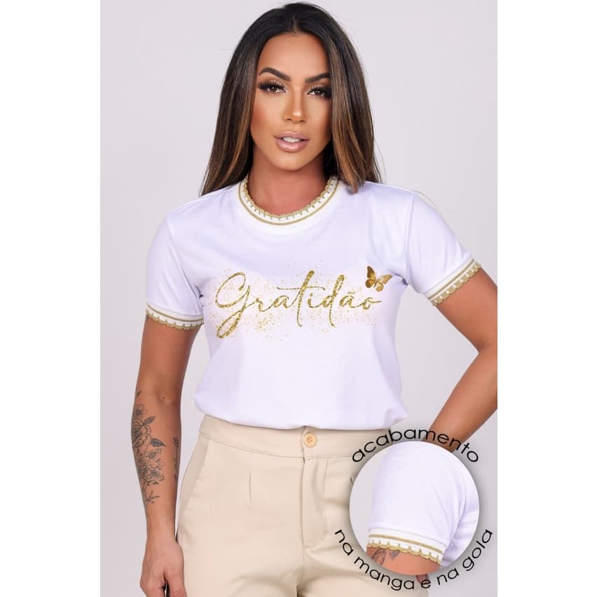 Tshirts  luxo com acabamento no elástico - Gratidão - Abençoada