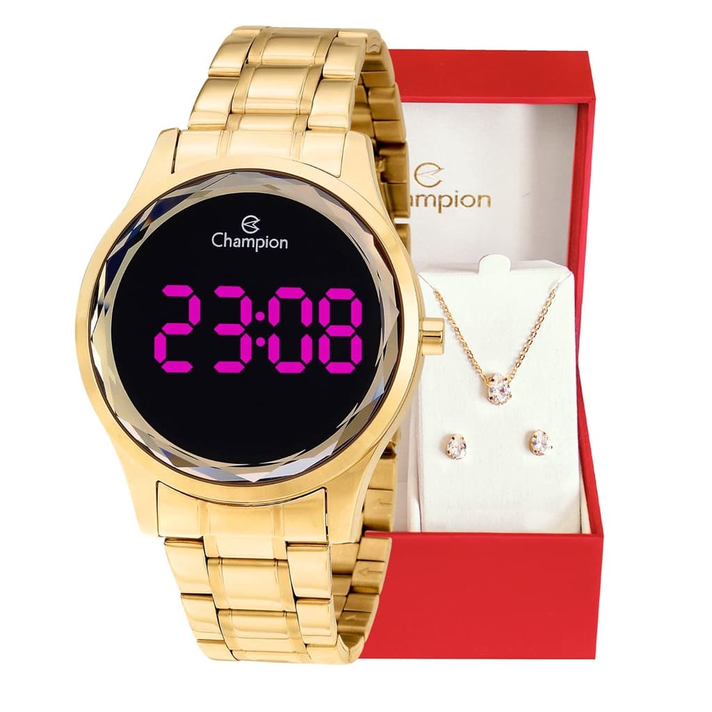 Relógio Digital Feminino Champion Dourado À Prova d'Água Original + Conjunto Colar e Brincos CH48019H Relógio De Pulso