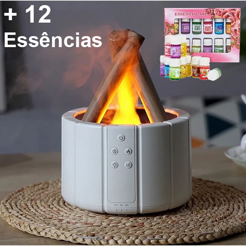 Difusor Fogueira + 12 Essências Aromático Óleos Led Controle Bivolt Umidificador
