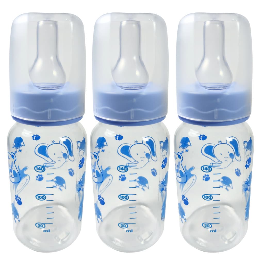 Mamadeira 140ml Azul Para Meninos Meninas Bebê Criança Bico Redondo Livre de BPA - Kit 3 Unidades