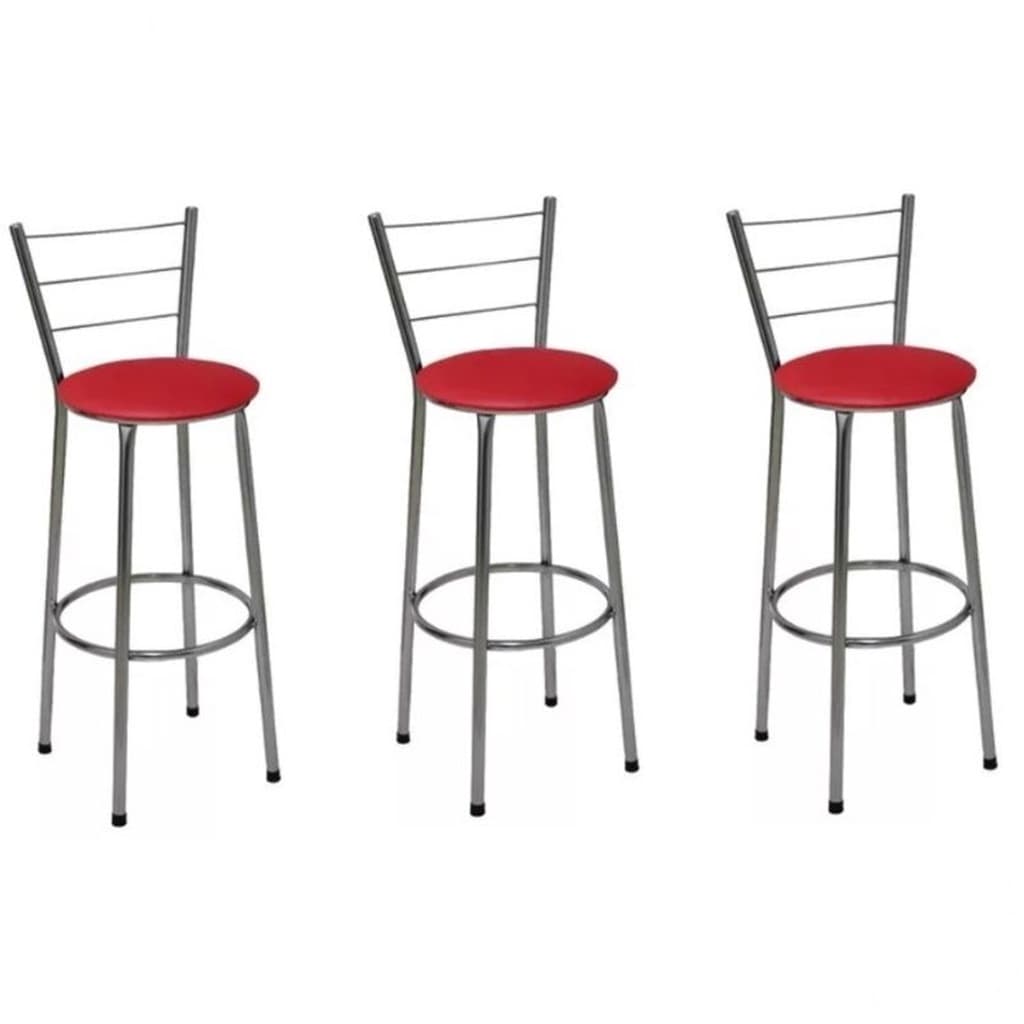 Kit 3 Banquetas Altas Cromada com Encosto Assento Vermelho