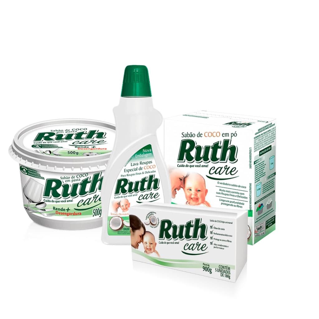 Kit Ruth Care: Lava Roupas Líquido Coco 1l + Sabão Pasta Coco 500g + Sabão Pedra Coco 5X180g + Lava Roupas Pó Coco 500g