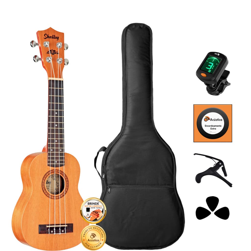 Kit Ukulele Soprano Acústico Shelby Em Mogno Completo