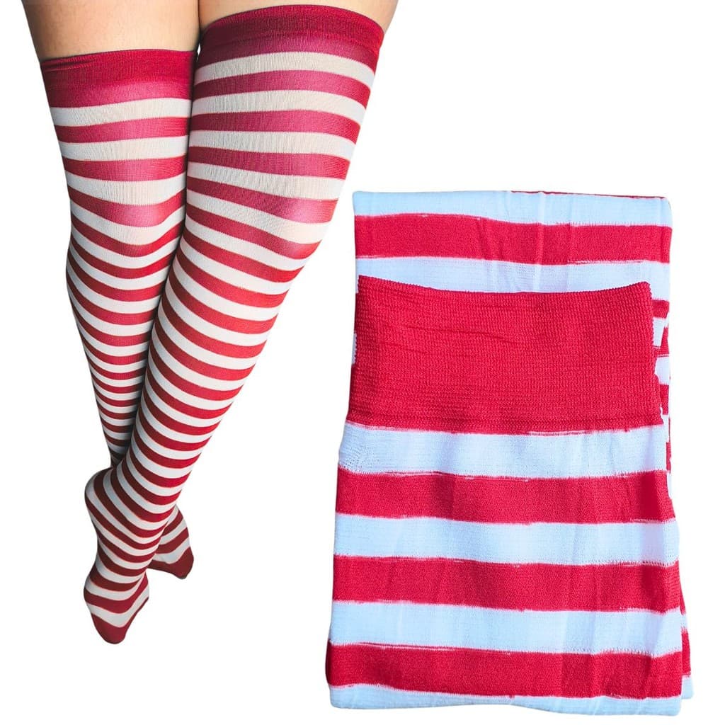Meia Calça 5/8 Fantasia Cosplay Listrado Vermelho e Branco