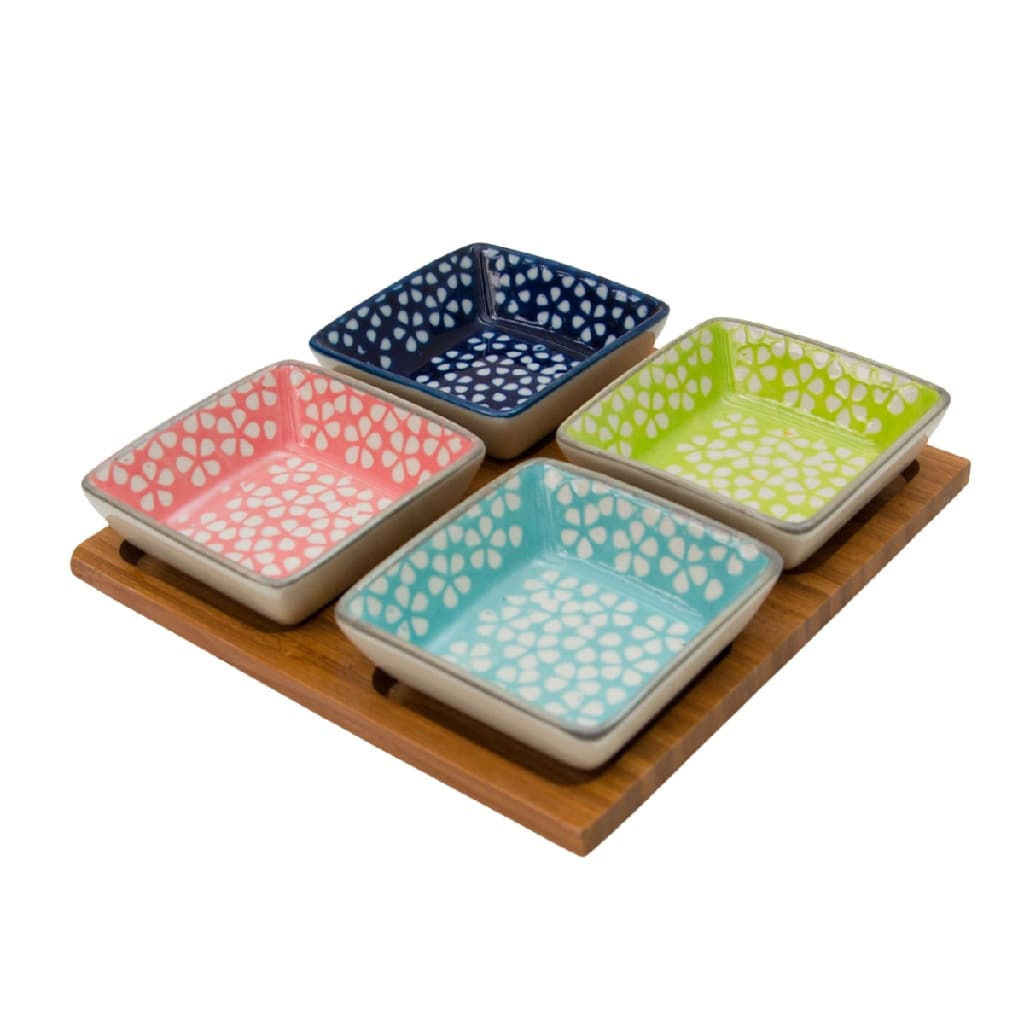Petisqueira de Bambu com 4 Bowls de Cerâmica Colorido Btc