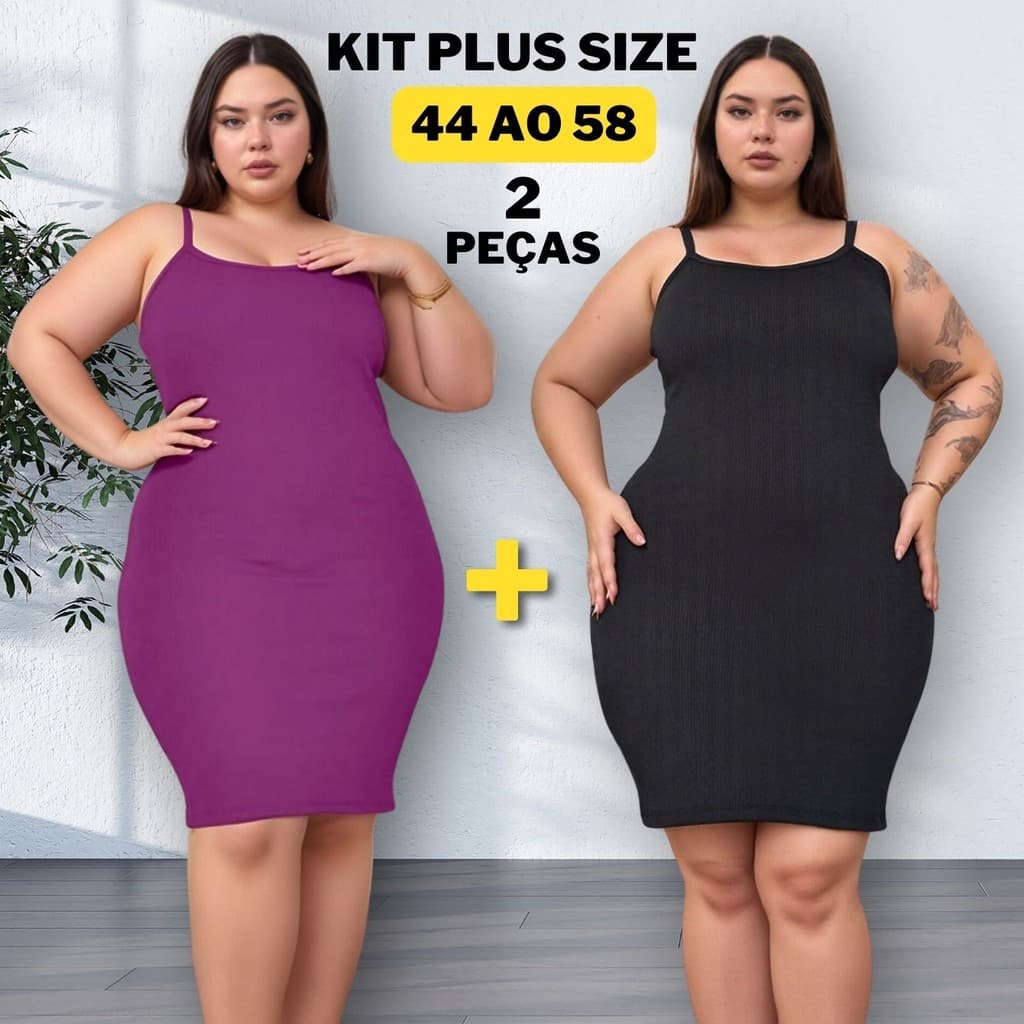 KIT 2 Vestido Plus Size Canelado Midi Alcinha Plu Size Tamanho 36 ao 58