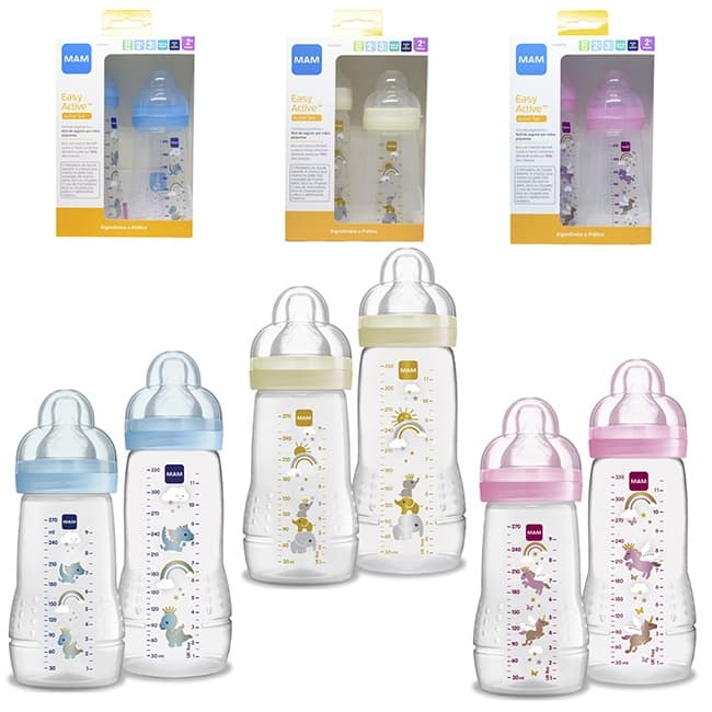 Kit 2 Mamadeiras Mam Easy Active 270ml (Bico 2 Fluxo Médio) e 330ml (Bico 3 Fluxo Rápido) - Mam