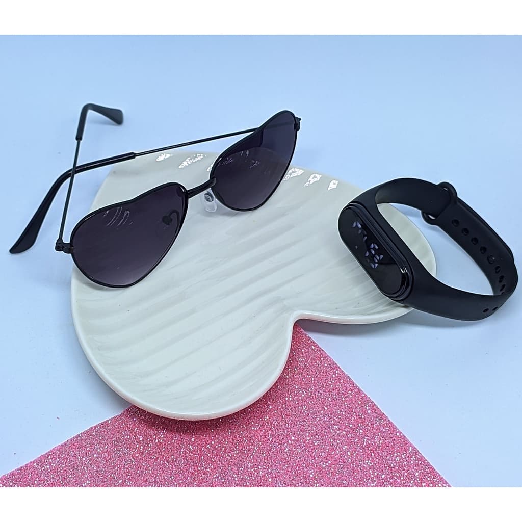 Kit Relógio Infantil Digital Led Prova água Silicone Meninas + Óculos de Sol Formato Coração Aço Flexível para Crianças