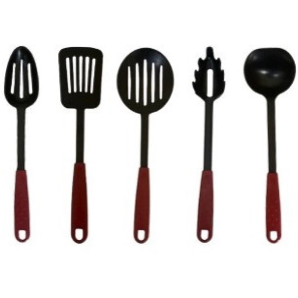 Kit 5 Utensílios de Cozinha 32cm de Plástico com Cabo Vermelho